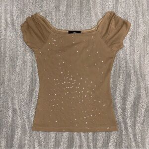 I.N. San Francisco Y2K Tan Micromesh Ruched Sleeve Top Made In USA Women’s Sz S
